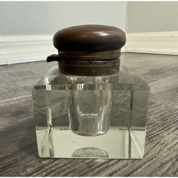 Antique Vintage Crystal Glass Block Ink Well Brass Lid Art Deco Cube Grandpacore - Picture 13 of 13
